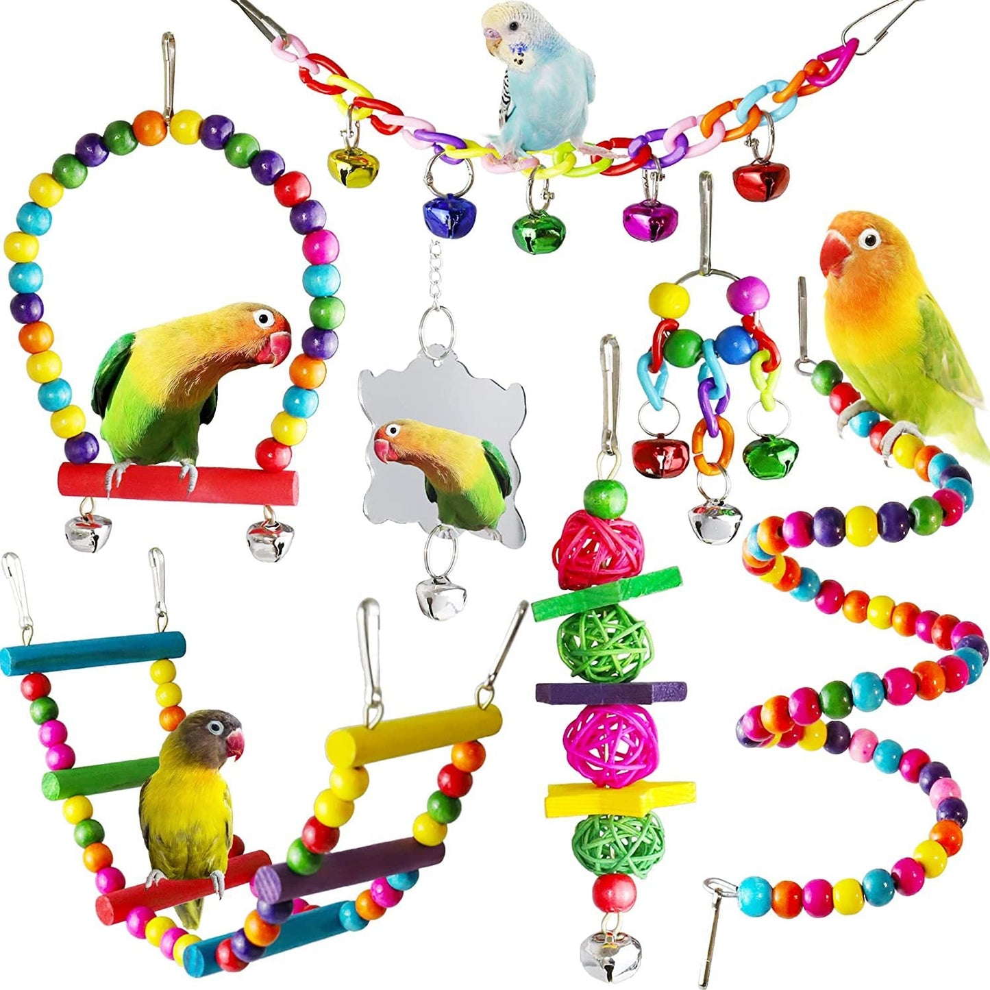 "7 - Piece Parrot Toy Set: Enhance Your Bird's Cage with Accessories" - BestPawShop98522187 - 7pcs